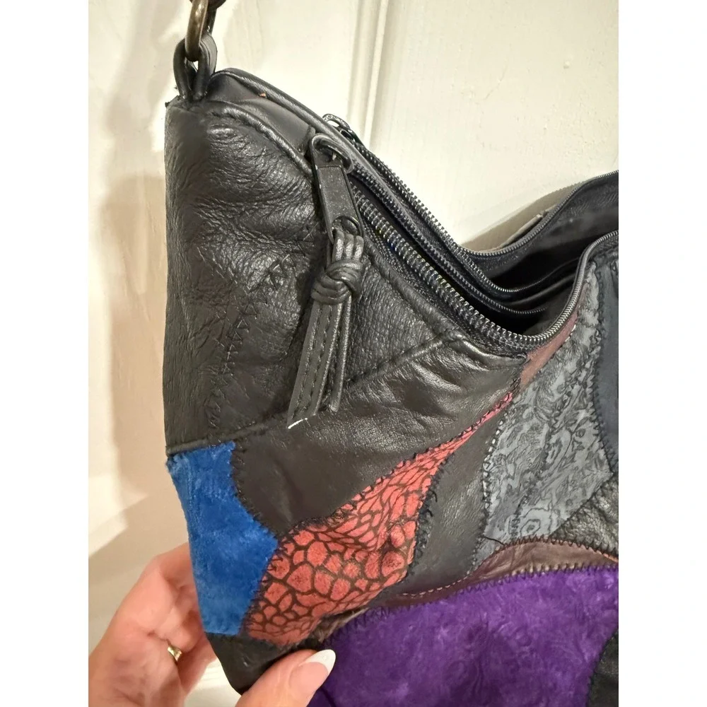 Vintage Leather Patchwork Crossbody Bag Multi Color Textured Hobo Shoulder Bag